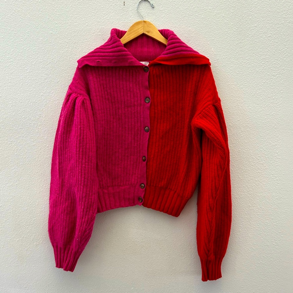 Something Navy Wool Red Pink Color Block Cardigan… - image 5